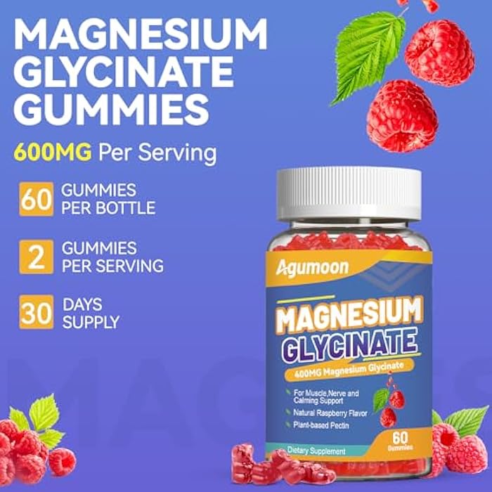 Agumoon Magnesium Glycinate Gummies 400mg with L-Threonine 200mg, Calcium, Potassium, Vitamins D & B6, CoQ10 - High Absorption for Stress Relief & Muscle Relaxation, Non-GMO, Gluten Free, 120 Raspberry Gummy - Image 3