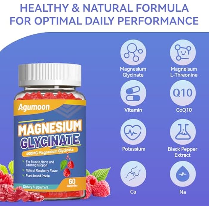 Agumoon Magnesium Glycinate Gummies 400mg with L-Threonine 200mg, Calcium, Potassium, Vitamins D & B6, CoQ10 - High Absorption for Stress Relief & Muscle Relaxation, Non-GMO, Gluten Free, 120 Raspberry Gummy - Image 4