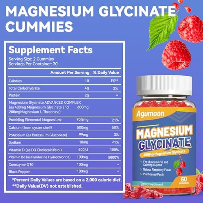Agumoon Magnesium Glycinate Gummies 400mg with L-Threonine 200mg, Calcium, Potassium, Vitamins D & B6, CoQ10 - High Absorption for Stress Relief & Muscle Relaxation, Non-GMO, Gluten Free, 120 Raspberry Gummy - Image 2