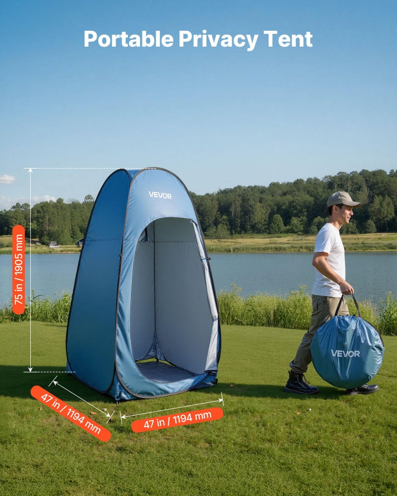 VEVOR Pop up Shower Tent, Instant Portable Privacy Tent Changing Room with Shower Bag, Ground Stakes, Ropes, Carry Bag, 190T Polyester with Silver Coating, Quick Setup, for Camping, Beach, Fishing - Image 2