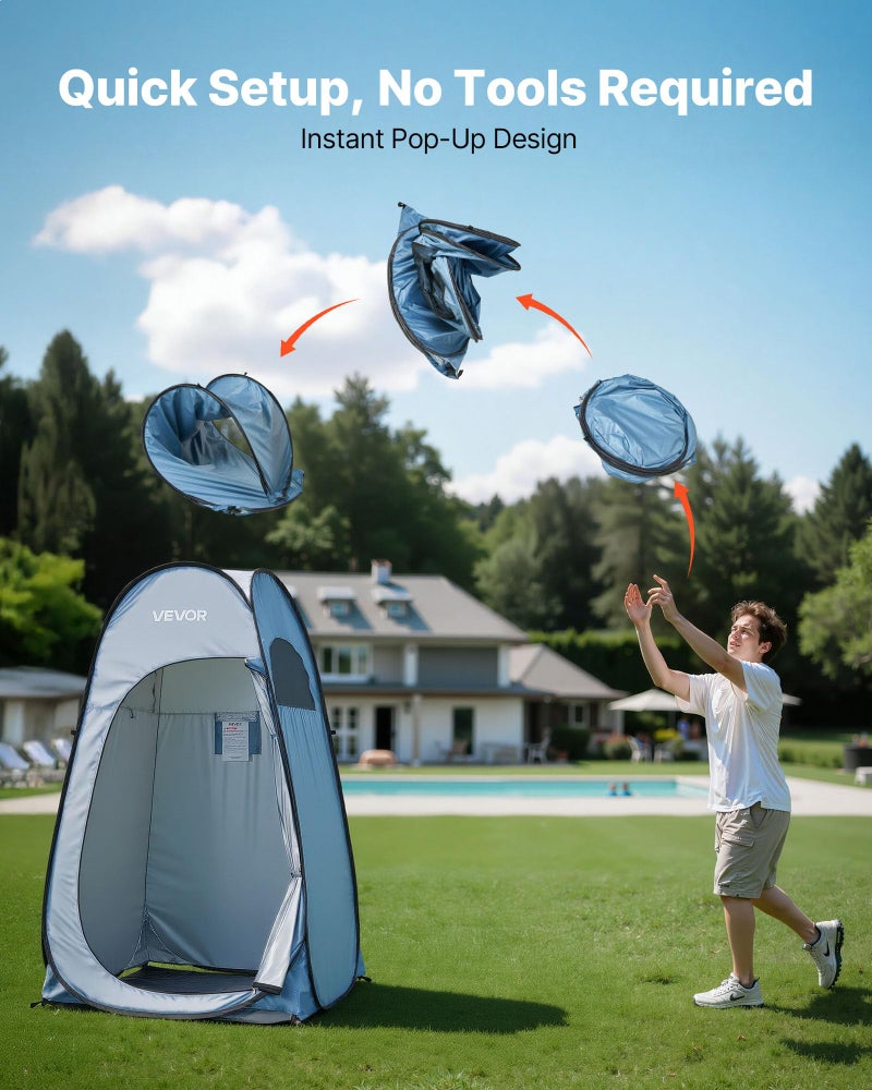VEVOR Pop up Shower Tent, Instant Portable Privacy Tent Changing Room with Shower Bag, Ground Stakes, Ropes, Carry Bag, 190T Polyester with Silver Coating, Quick Setup, for Camping, Beach, Fishing - Image 4