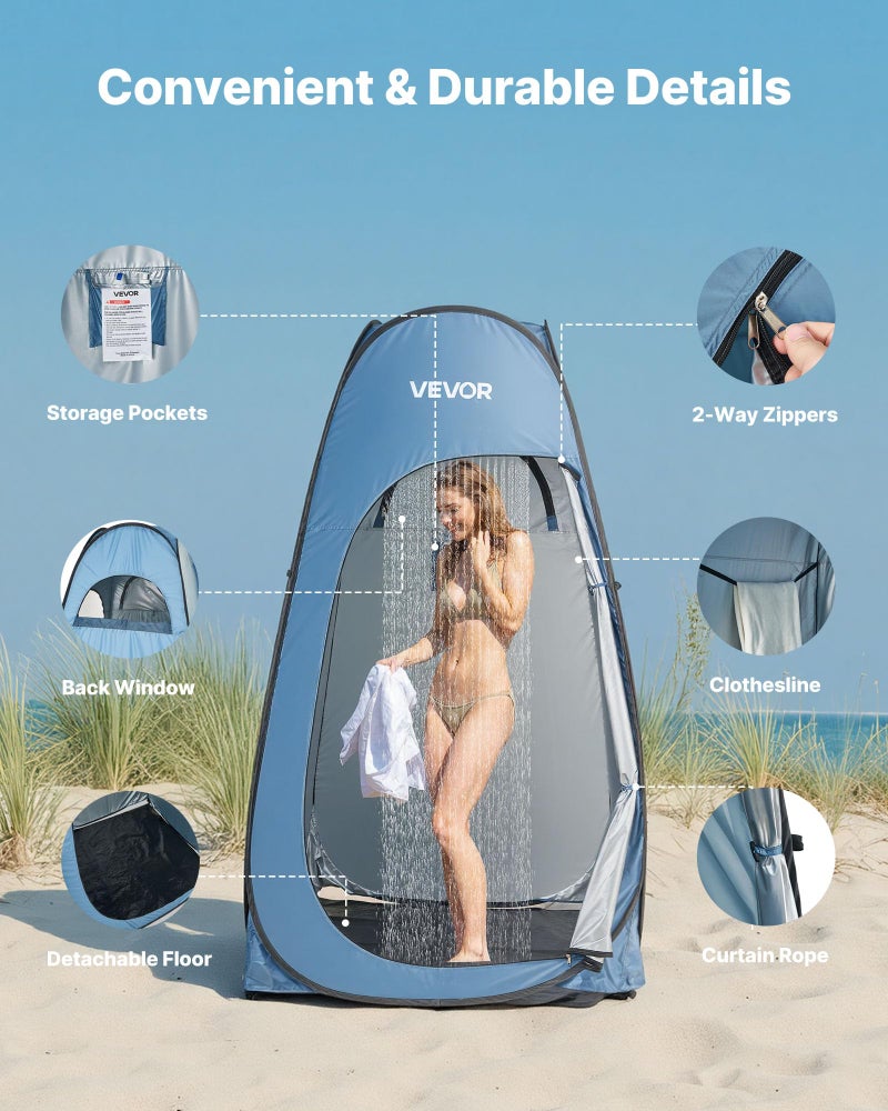 VEVOR Pop up Shower Tent, Instant Portable Privacy Tent Changing Room with Shower Bag, Ground Stakes, Ropes, Carry Bag, 190T Polyester with Silver Coating, Quick Setup, for Camping, Beach, Fishing - Image 5