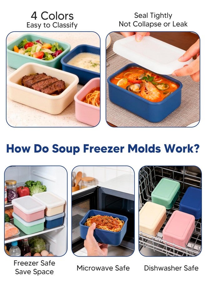 Duseu 4 Pcs 2 Cup Silicone Freezer Molds with Lid, 16oz Soup Cube Freezer Tray, Meal Prep Containers for Sauces, Stews, Leftovers, Food Storage (Blue Pink Green Yellow) - Image 4
