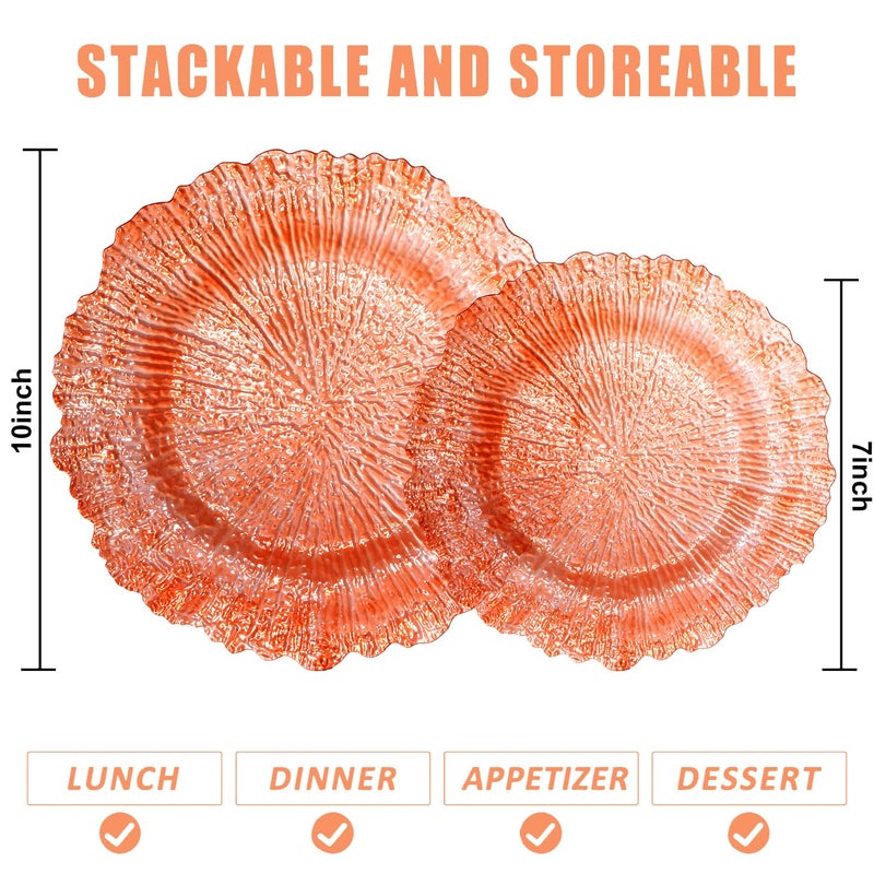 U-QE 60PCS Clear Orange Plates - Reef Orange Plastic Plates Disposable&Reusable - Heavy Duty Plastic Plate Including 30 Dinner Plate 10" & 30 Dessert 7" Perfect for Party - Image 2