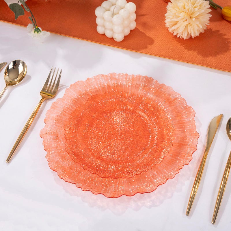 U-QE 60PCS Clear Orange Plates - Reef Orange Plastic Plates Disposable&Reusable - Heavy Duty Plastic Plate Including 30 Dinner Plate 10" & 30 Dessert 7" Perfect for Party - Image 5