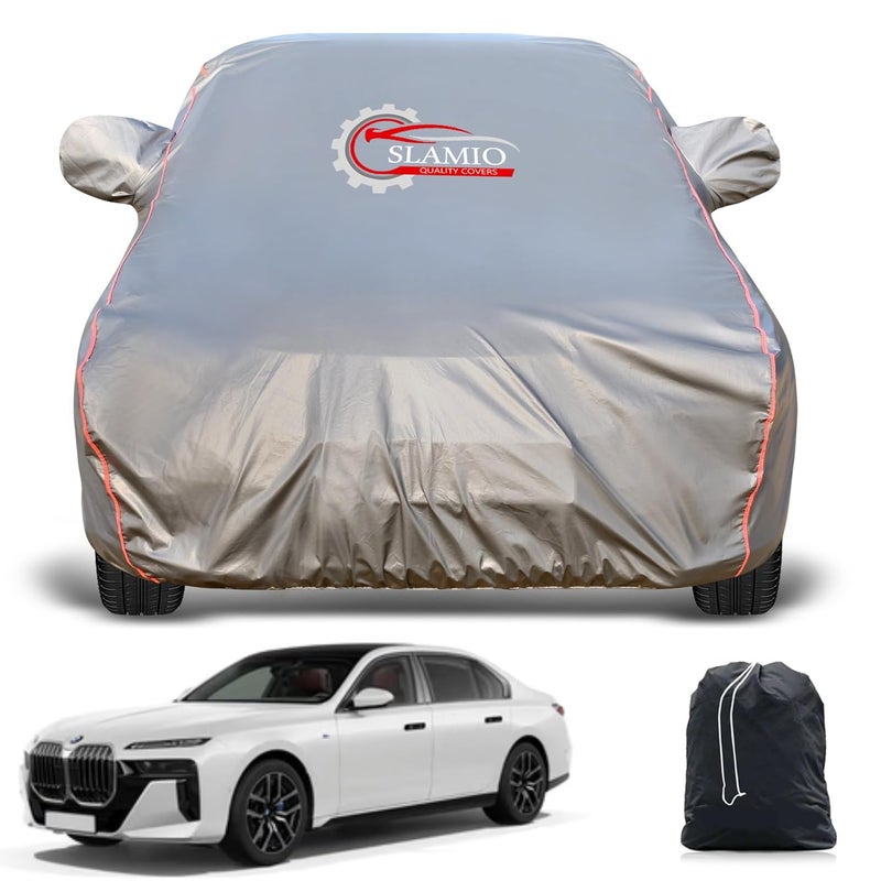 Slamio Heavy-Duty Car Body Cover for BMW 7 Series (Uptil 2022) | Waterproof, Dustproof, UV Protection, Custom Fit, Heavy Belt & Buckle with Mirror & Antenna Pocket | Dark Grey - Image 1