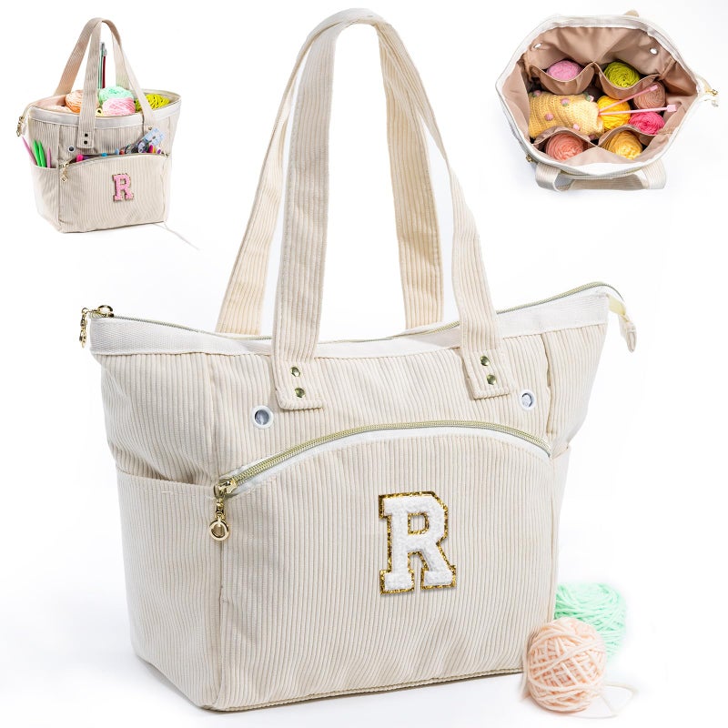 MYBAGZING Initial Personalized Crochet Tote Corduroy Yarn Storage Holder Organizer for Hooks Accessories Project Knitting Bag Crochet Lover Gift - Image 2