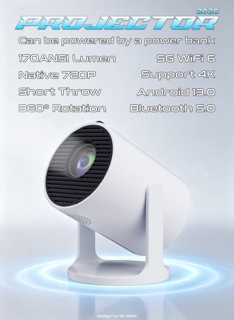 مي فازا جهاز عرض قصير المدى - يعمل ببنك الطاقة - يدعم 4K - 170ANSI Lumen - جهاز عرض محمول مع تصحيح الانحراف التلقائي، Android 13، 5G Wifi 6، Bluetooth 5.0 - مسرح منزلي متنقل - متوافق مع Android/iOS/Windows/TV Stick/HDMI/USB/Game Controller/الكمبيوتر/الكمبيوتر المحمول/الهاتف الذكي - Image 1