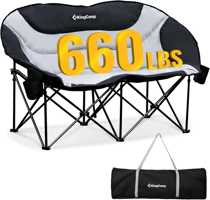 KingCamp Double Camping Chair, Oversized 660lbs Heavy Duty Loveseat for Adults Portable Folding XL 2 Person Moon Couch Padded Comfortable Two Seat with Cooler Bag for Outdoor Lawn, Saucer Chair - Image 1