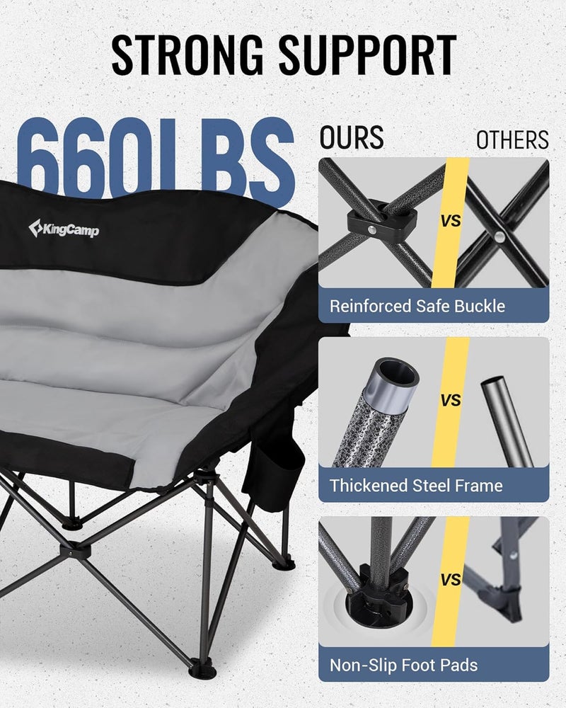 KingCamp Double Camping Chair, Oversized 660lbs Heavy Duty Loveseat for Adults Portable Folding XL 2 Person Moon Couch Padded Comfortable Two Seat with Cooler Bag for Outdoor Lawn, Saucer Chair - Image 5