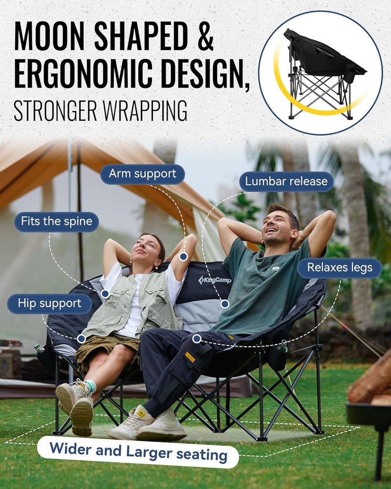 KingCamp Double Camping Chair, Oversized 660lbs Heavy Duty Loveseat for Adults Portable Folding XL 2 Person Moon Couch Padded Comfortable Two Seat with Cooler Bag for Outdoor Lawn, Saucer Chair - Image 3