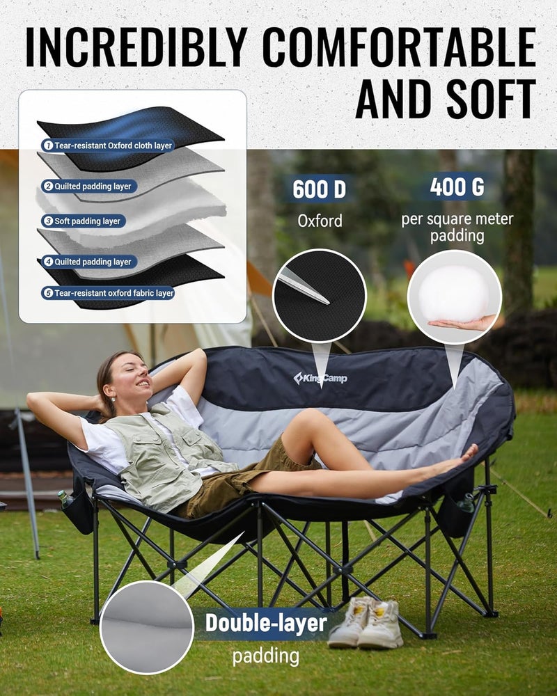 KingCamp Double Camping Chair, Oversized 660lbs Heavy Duty Loveseat for Adults Portable Folding XL 2 Person Moon Couch Padded Comfortable Two Seat with Cooler Bag for Outdoor Lawn, Saucer Chair - Image 4