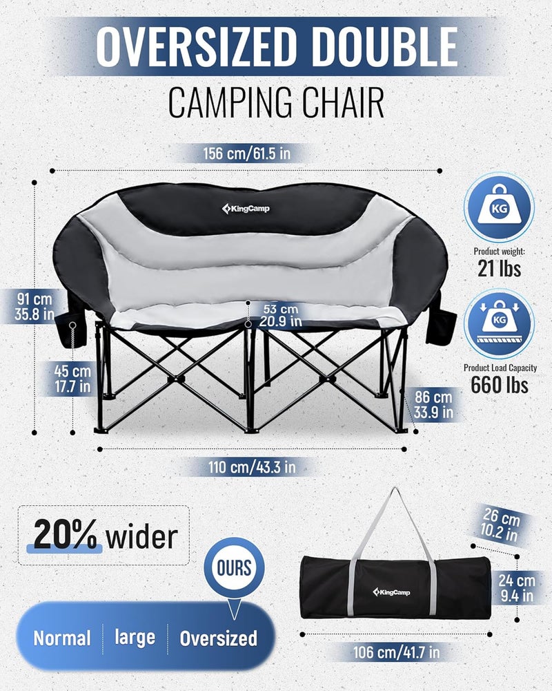 KingCamp Double Camping Chair, Oversized 660lbs Heavy Duty Loveseat for Adults Portable Folding XL 2 Person Moon Couch Padded Comfortable Two Seat with Cooler Bag for Outdoor Lawn, Saucer Chair - Image 2