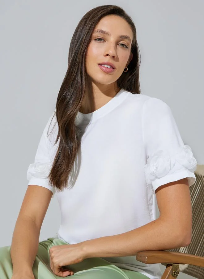 Styli White Floral Sleeve Detail Round Neck T-Shirt