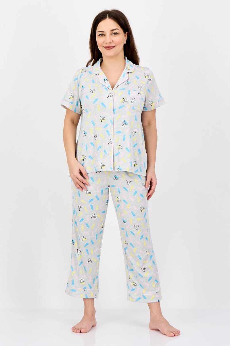 Peanuts Women 2 Pieces Snoopy Print Top And Bottom Pajama Set, Multicolor - Image 1