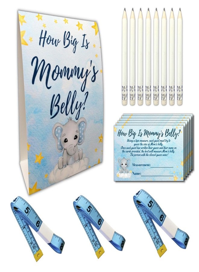 WillaBees Baby Shower Game - How Big is Mommys Belly - 62 Piece for 50 Players - Blue Elephant Baby Bump Measuring Tape Game - Image 1