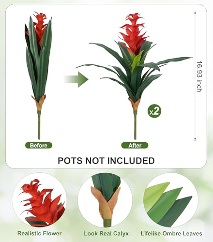 Ivydale Fake Flowers Plants for Outdoors 2 Pcs 1693 Bromeliad Artificial Flowers Uv Resistant Realistic Faux Flowers for Outdoor Planters Outside Porch Patio Yard Garden Indoor DecorationRed - Image 3