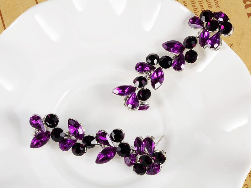 Alilang Metal Tone Grape Colored Stone Embellished Flower Leaves Dangling Earrings, Purple - Image 2