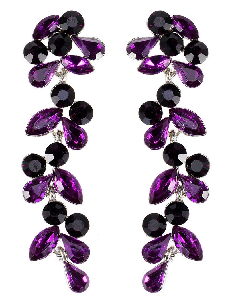 Alilang Metal Tone Grape Colored Stone Embellished Flower Leaves Dangling Earrings, Purple - Image 1