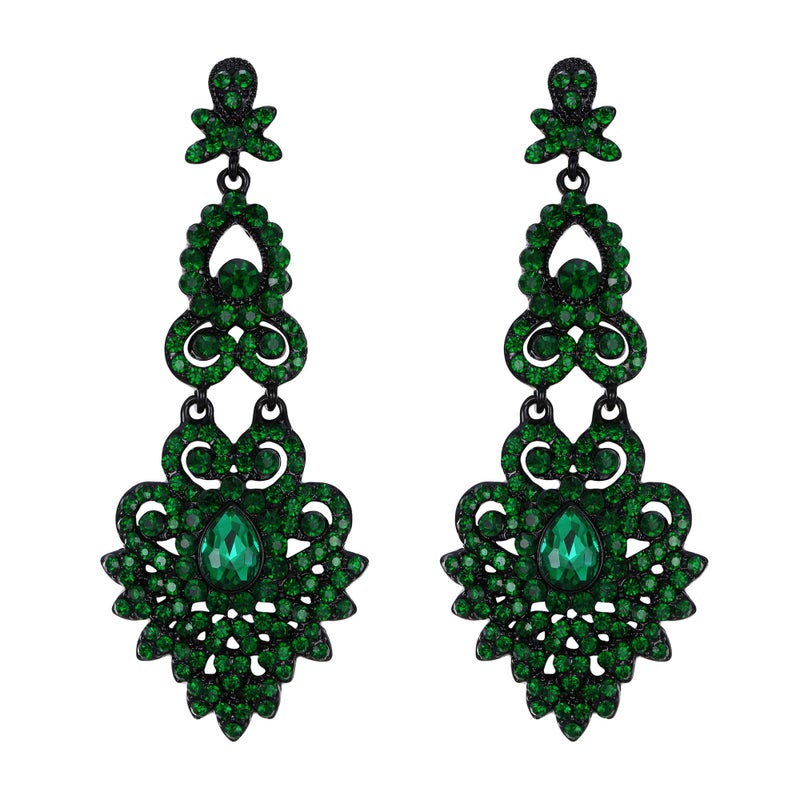 Flyonce Bridal Crystal Vintage Style Art Deco Chandelier Dangle Earrings for Women Green Black-Tone - Image 5