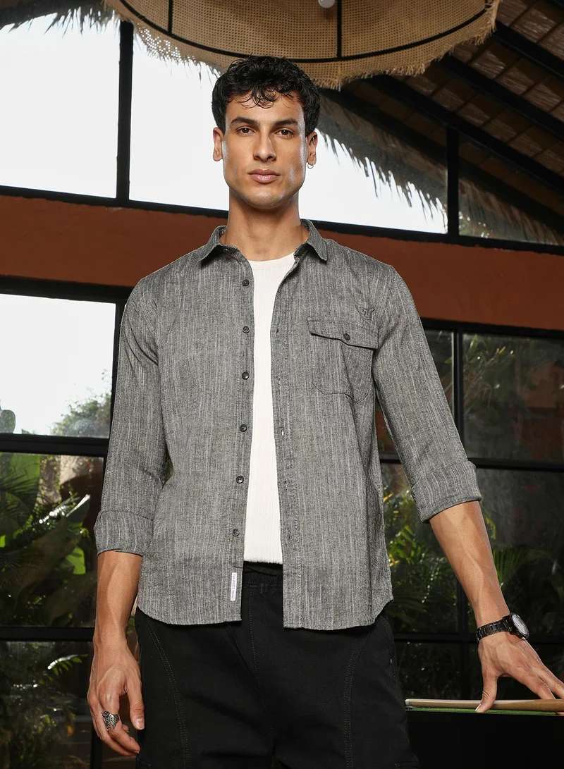 Campus Sutra Men Thread-Jacquard Shirt | Spread Collar , Long Cuffed Sleeves | Button Closure Curved Hem | Abstract Jacquard | Woven Fabric For Casual & Daily Wear | Charcoal Grey