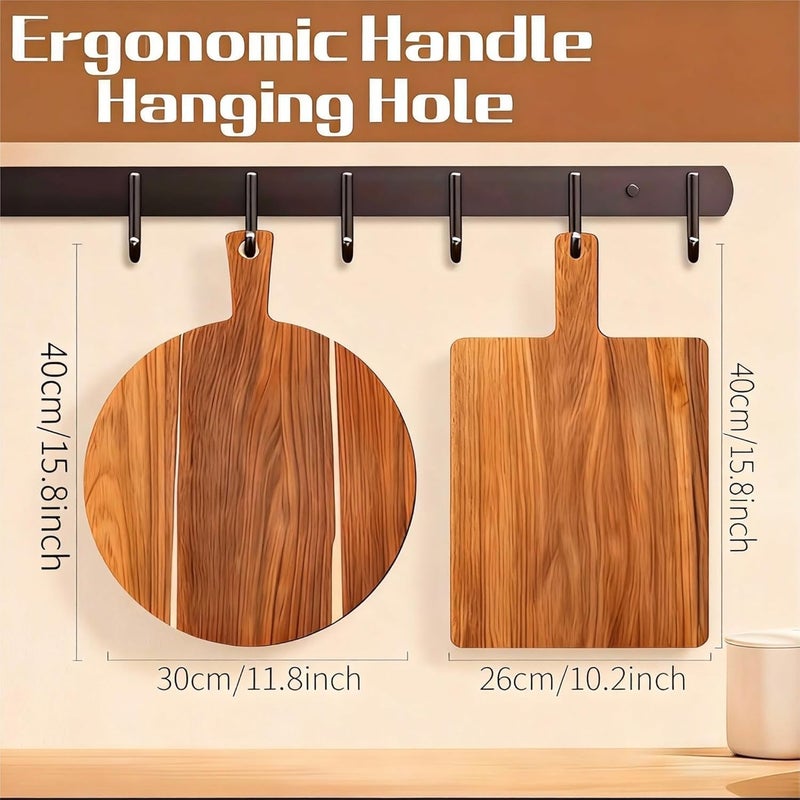 YALONG Acacia Wood Cutting Boards Set of 2, Round & Rectangular Wooden Cutting Board with Handle, Charcuterie Cheese Pizza Bread Steak Board, Decorative Wooden Cutting Boards for Kitchen - Image 2