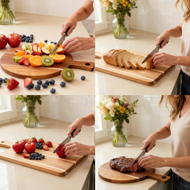 YALONG Acacia Wood Cutting Boards Set of 2, Round & Rectangular Wooden Cutting Board with Handle, Charcuterie Cheese Pizza Bread Steak Board, Decorative Wooden Cutting Boards for Kitchen - Image 4
