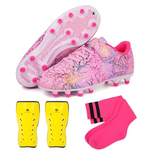 brooman Kids Firm Ground Soccer Cleats Girls Football Cleats with Shin Guards and Soccer Socks (8,Pink) - Image 1