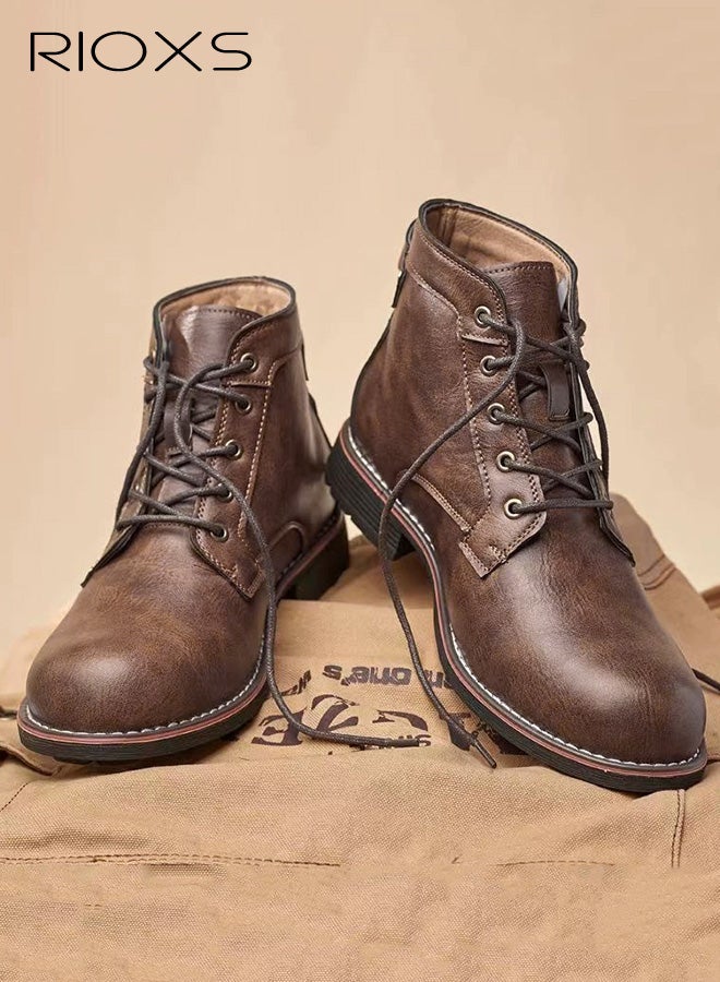 RIOXS Men's Moto Boots, Fashion Martin Boots, Classic Lace-up Leather Chukka Booties, Trendy Motorcycle Combat Boots, Waterproof Ankle Boots for Men, Man Round Toe Boots, Hand-sewn Stitching Short Boots, Retro Brown Boot - Image 2