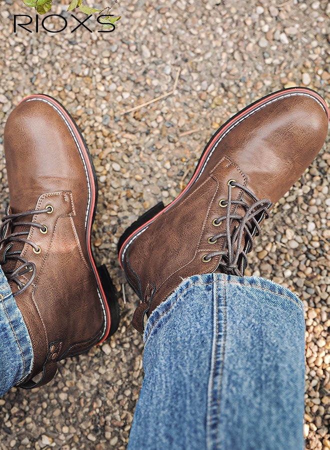RIOXS Men's Moto Boots, Fashion Martin Boots, Classic Lace-up Leather Chukka Booties, Trendy Motorcycle Combat Boots, Waterproof Ankle Boots for Men, Man Round Toe Boots, Hand-sewn Stitching Short Boots, Retro Brown Boot - Image 1