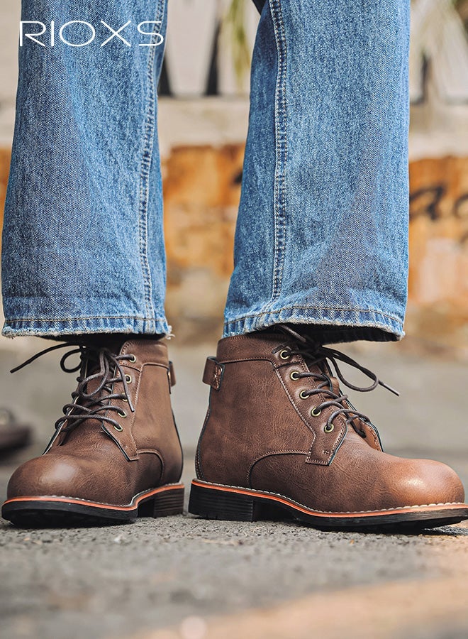 RIOXS Men's Moto Boots, Fashion Martin Boots, Classic Lace-up Leather Chukka Booties, Trendy Motorcycle Combat Boots, Waterproof Ankle Boots for Men, Man Round Toe Boots, Hand-sewn Stitching Short Boots, Retro Brown Boot - Image 4