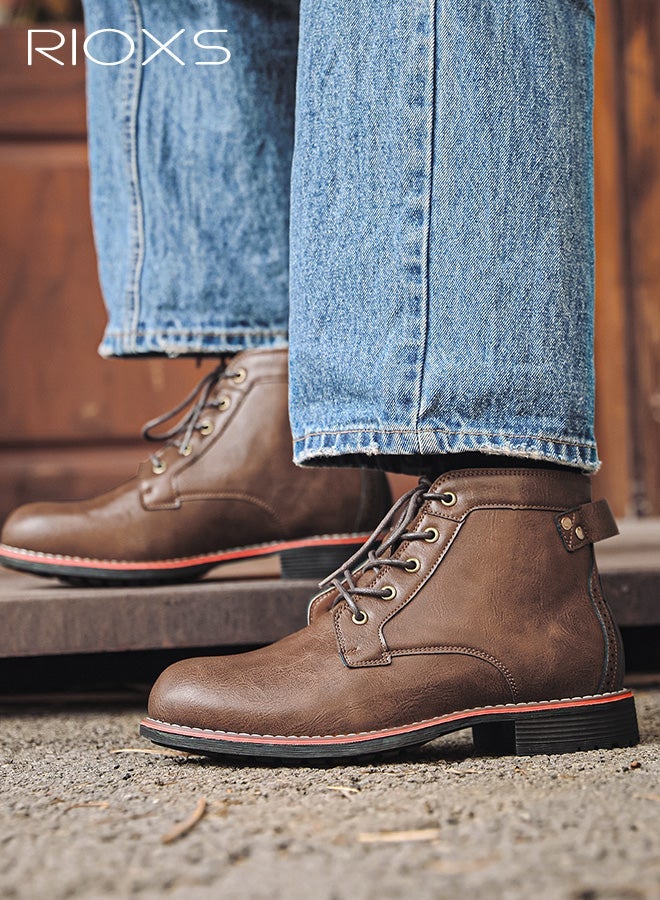 RIOXS Men's Moto Boots, Fashion Martin Boots, Classic Lace-up Leather Chukka Booties, Trendy Motorcycle Combat Boots, Waterproof Ankle Boots for Men, Man Round Toe Boots, Hand-sewn Stitching Short Boots, Retro Brown Boot - Image 5