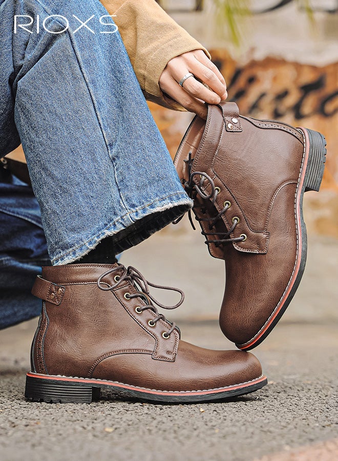 RIOXS Men's Moto Boots, Fashion Martin Boots, Classic Lace-up Leather Chukka Booties, Trendy Motorcycle Combat Boots, Waterproof Ankle Boots for Men, Man Round Toe Boots, Hand-sewn Stitching Short Boots, Retro Brown Boot - Image 3