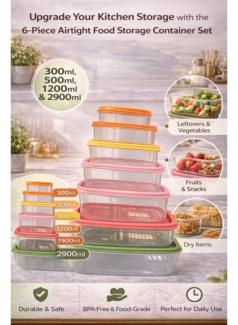 Bee home 6-Piece Turkish Airtight Plastic Rectangular Food Storage Container Set – Transparent Kitchen Storage Boxes (300ml, 500ml, 800ml, 1200ml, 1900ml & 2900ml) Leakproof & BPA-Free - Image 1
