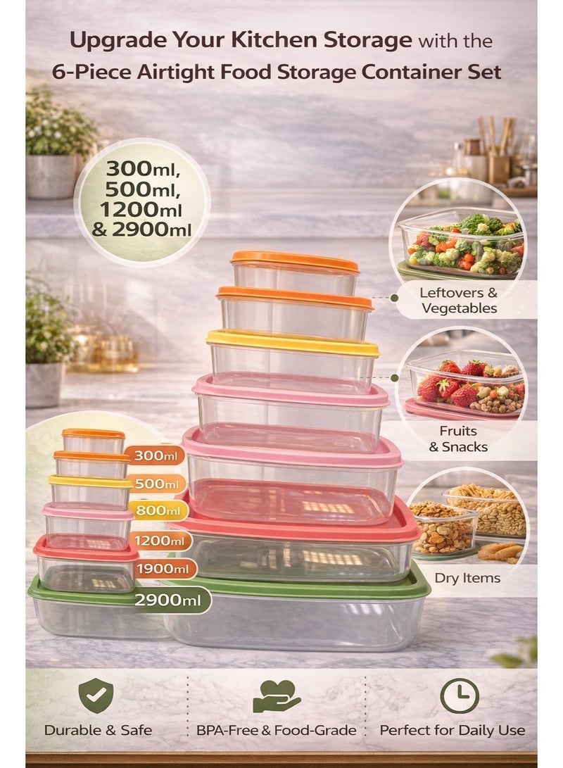 Bee home 6-Piece Turkish Airtight Plastic Rectangular Food Storage Container Set – Transparent Kitchen Storage Boxes (300ml, 500ml, 800ml, 1200ml, 1900ml & 2900ml) Leakproof & BPA-Free - Image 2