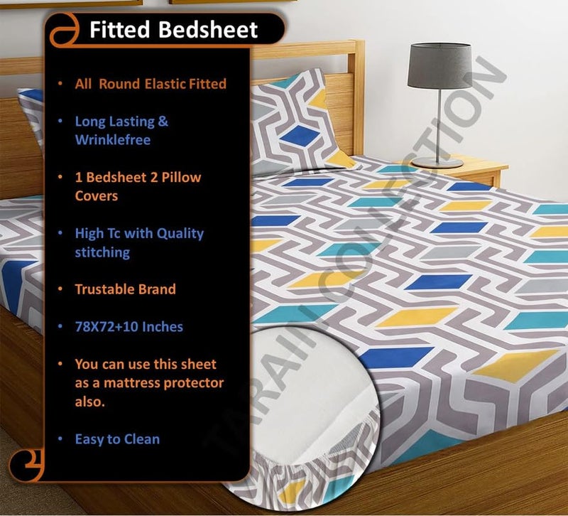 TARAIN COLLECTION Cotton Perfect Fitted Bedsheets with 2 Pillow Covers King Size| Double Bed with All Around Elastic 180 TC Size-78" x 72" +10" Abstract (Multicolour, White Green Blue) - Image 2