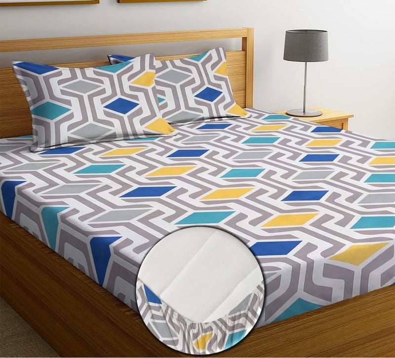 TARAIN COLLECTION Cotton Perfect Fitted Bedsheets with 2 Pillow Covers King Size| Double Bed with All Around Elastic 180 TC Size-78" x 72" +10" Abstract (Multicolour, White Green Blue) - Image 1