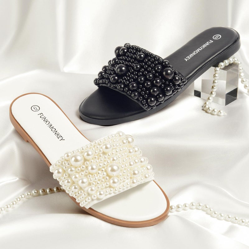 FUNKYMONKEY Women's Black Pearl Slide Sandals Flat Slip-On Open Toe Summer Beach Shoes Elegant Beaded Dressy Mules for Wedding, Party & Casual Wear(8 M US, Black) - Image 2