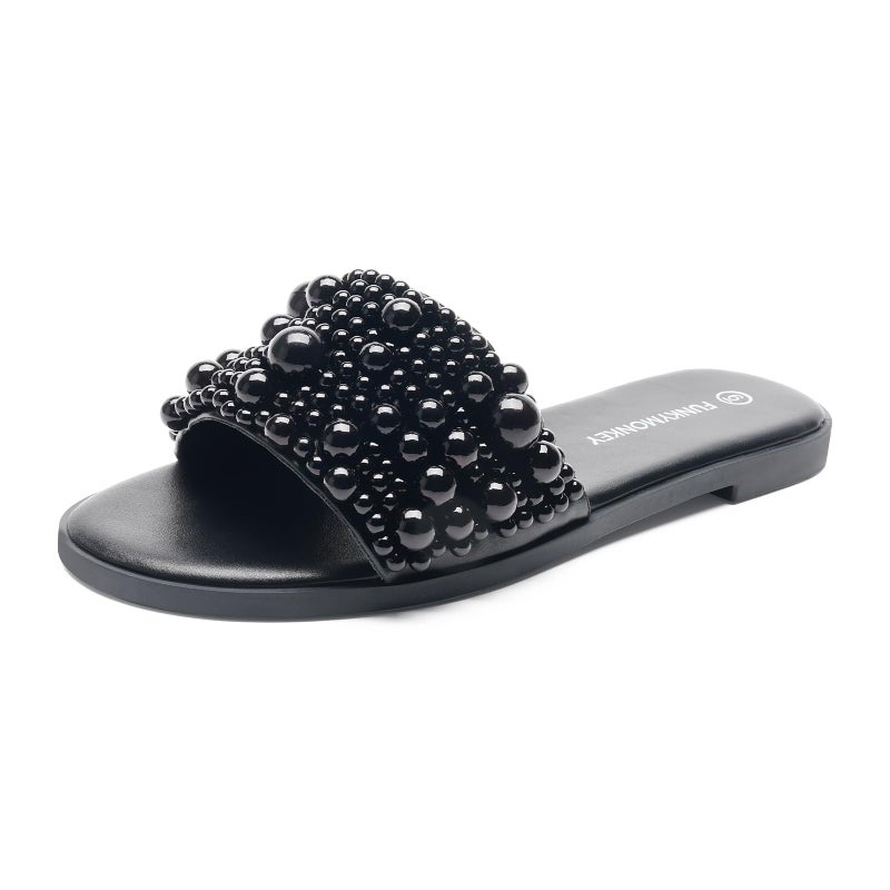 FUNKYMONKEY Women's Black Pearl Slide Sandals Flat Slip-On Open Toe Summer Beach Shoes Elegant Beaded Dressy Mules for Wedding, Party & Casual Wear(8 M US, Black) - Image 1