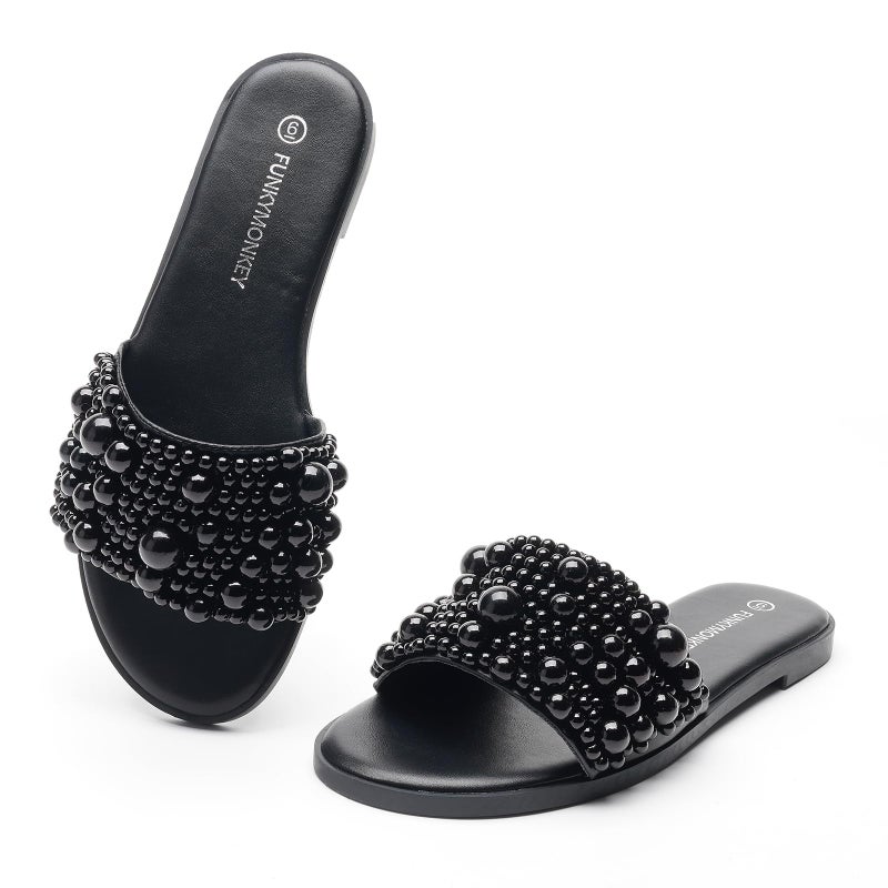 FUNKYMONKEY Women's Black Pearl Slide Sandals Flat Slip-On Open Toe Summer Beach Shoes Elegant Beaded Dressy Mules for Wedding, Party & Casual Wear(8 M US, Black) - Image 4