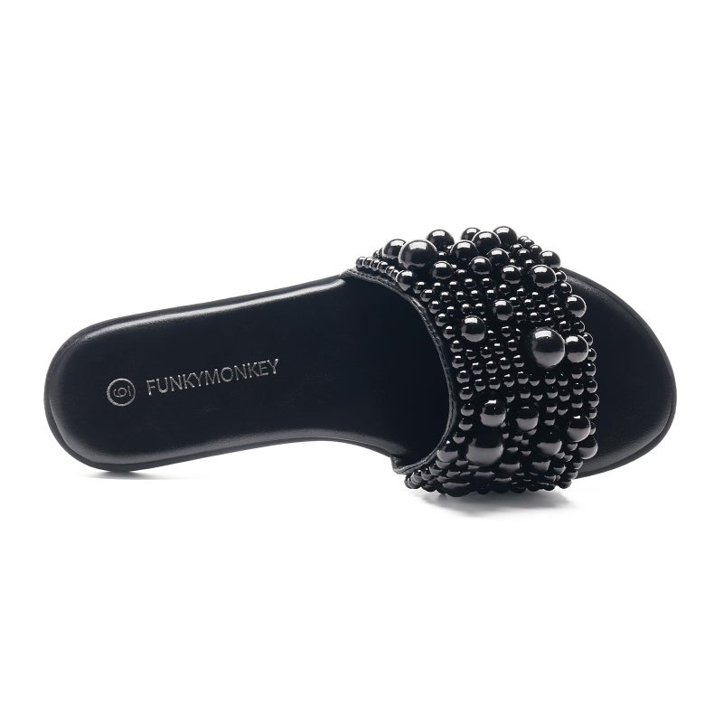 FUNKYMONKEY Women's Black Pearl Slide Sandals Flat Slip-On Open Toe Summer Beach Shoes Elegant Beaded Dressy Mules for Wedding, Party & Casual Wear(8 M US, Black) - Image 3