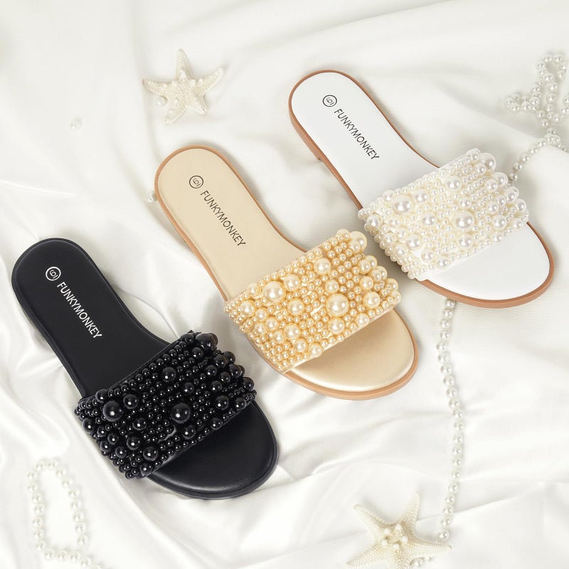 FUNKYMONKEY Women's Black Pearl Slide Sandals Flat Slip-On Open Toe Summer Beach Shoes Elegant Beaded Dressy Mules for Wedding, Party & Casual Wear(8 M US, Black) - Image 5
