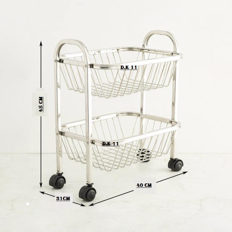 D.k 11® Stainless Steel 2 Tier Vegetable and Fruit Trolley Rack, Kitchen Trolley with Wheels Stand Fruit Basket, Vegetable Storage Rack, Kitchen Stand, Sabji Stand, 2 Layer Storage Rack - Image 3
