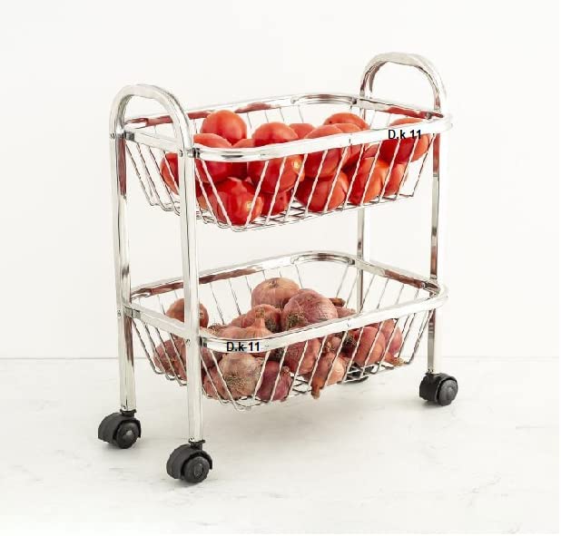 D.k 11® Stainless Steel 2 Tier Vegetable and Fruit Trolley Rack, Kitchen Trolley with Wheels Stand Fruit Basket, Vegetable Storage Rack, Kitchen Stand, Sabji Stand, 2 Layer Storage Rack - Image 1