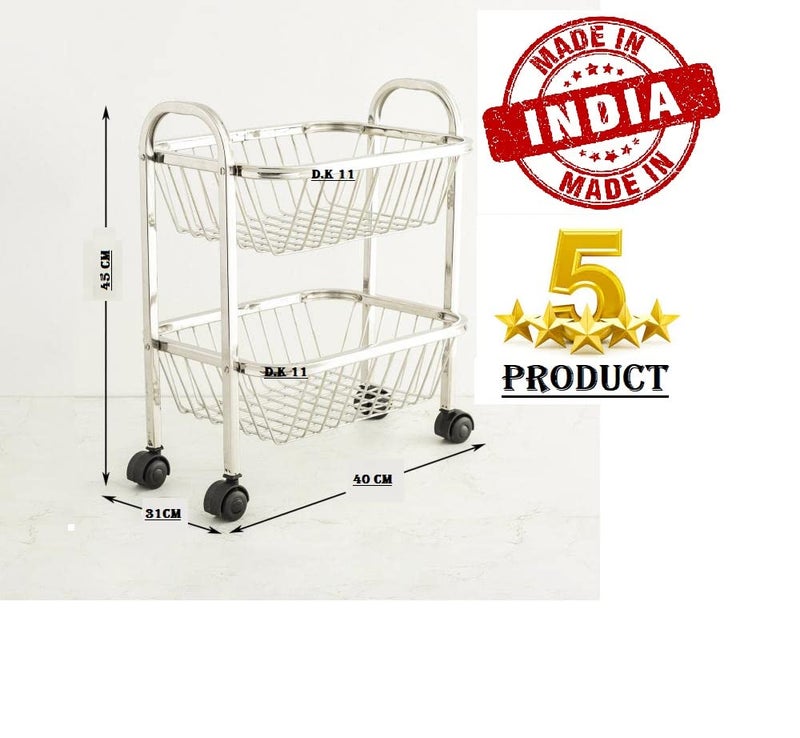 D.k 11® Stainless Steel 2 Tier Vegetable and Fruit Trolley Rack, Kitchen Trolley with Wheels Stand Fruit Basket, Vegetable Storage Rack, Kitchen Stand, Sabji Stand, 2 Layer Storage Rack - Image 5