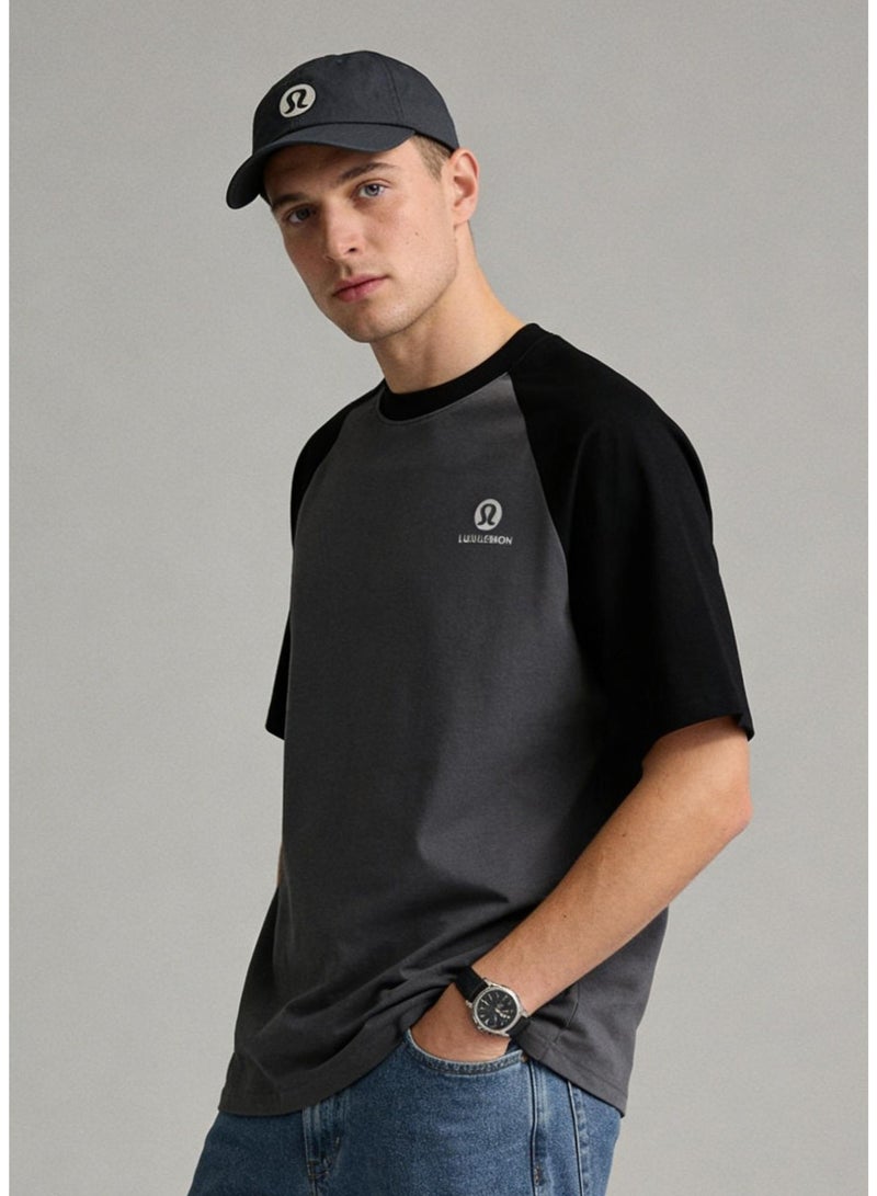 لولوليمون Lululemon Style Black & Grey Color Block Raglan T-Shirt Unisex Loose Casual Couple Short Sleeve Tee - Image 1