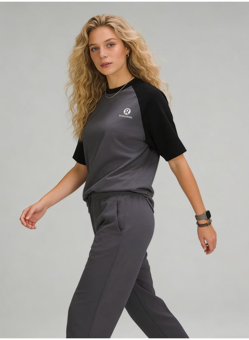لولوليمون Lululemon Style Black & Grey Color Block Raglan T-Shirt Unisex Loose Casual Couple Short Sleeve Tee - Image 5