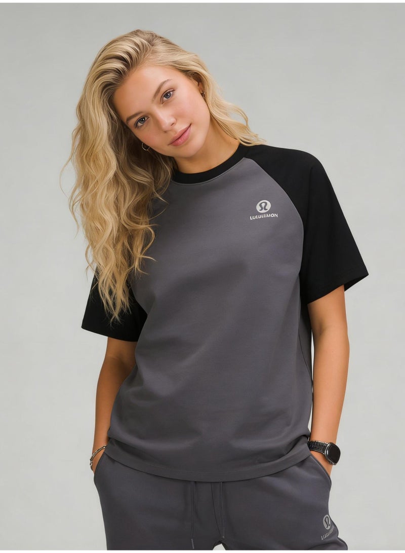 لولوليمون Lululemon Style Black & Grey Color Block Raglan T-Shirt Unisex Loose Casual Couple Short Sleeve Tee - Image 2