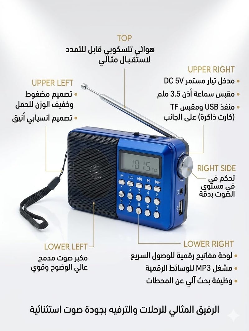 راديو FM رقمي محمول ومشغل موسيقى MP3 مع مكبر صوت قوي، منفذ USB، فتحة بطاقة TF، ومقبس سماعة رأس، صوت نقي عالي الدقة - Image 4