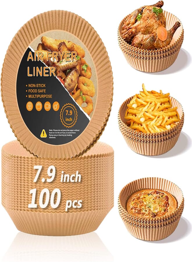 Air Fryer Disposable Paper Liner, Air Fryer Liners 100 PCS, Non-stick Parchment Paper Pads Oil Resistant, Waterproof, Food Grade Baking Paper for Roasting Microwave (7.9Inch)